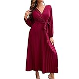 Women's Long V-Neck Dress - Pleated Cocktail Dress Long Sleeve High Waist Lace-Up Solid Color Loose Chic and Elegant Casual Comfortable Autumn Winter Versatile Dress for Party 2025