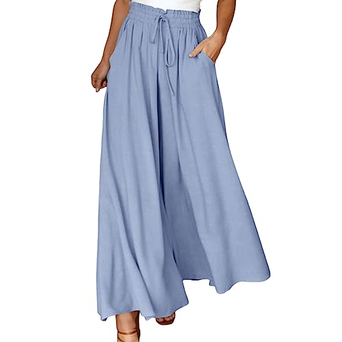 Jupe Culotte Femme Fluide Été Coton Lin Pantalon Large Taille Haute Elastique Grande Léger Chic Élégant Palazzo Poches Cordon Casual