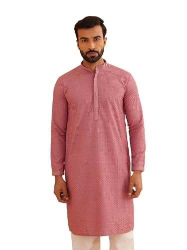 Image of Sojanya (Since 1958 Men'S Geometric Embroidered Thread Work Cotton Straight Long Kurta