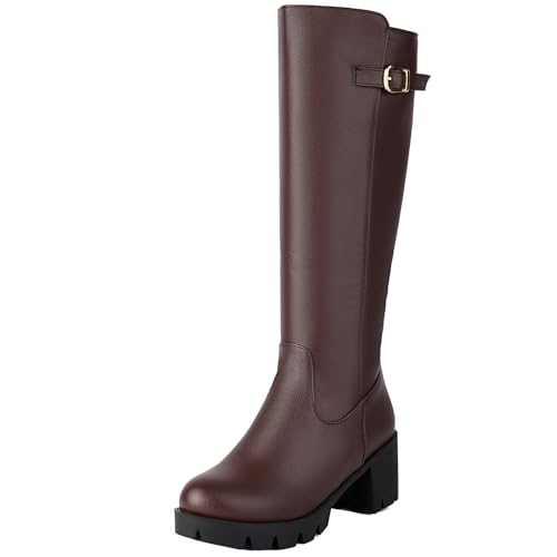 XIEPP Botas altas de plataforma para mujer, con botas de motorista gruesas con cremallera en el talón, marrón, 40 EU
