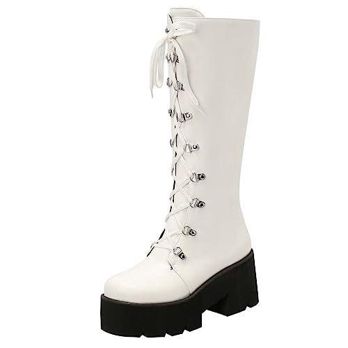 Image of Parisuit Women's Knee High Goth Platform Boots Lace Up Combat Boots | Chunky High Heel, Buckle Boots, Punk Chain Boots