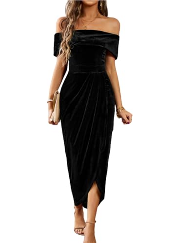 MATSUMIZUYU Womens Velvet Wrap Off The Shoulder Dress Sexy Slit Ruched Cocktail Dress Wedding Party Dresses Black