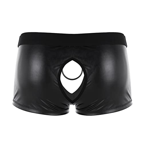 Dpois Men's Faux Leather Open Butt Open Front Pouch With Metal O-Ring Boxer Shorts Black Large(Waist: 33.0-45.0"/84-115Cm) #TOP1