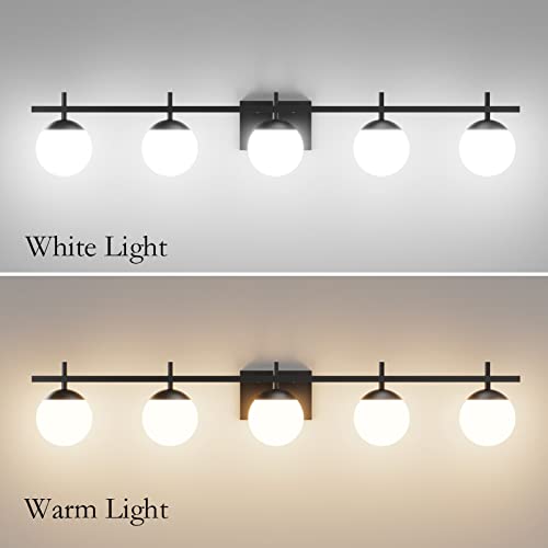 Image of Ralbay Mid Century Modern Vanity Lights Black Milky Glass Mid Century Bathroom Vanity Lights Over Mirror, Wall Light for Bathroom Black 5 Light