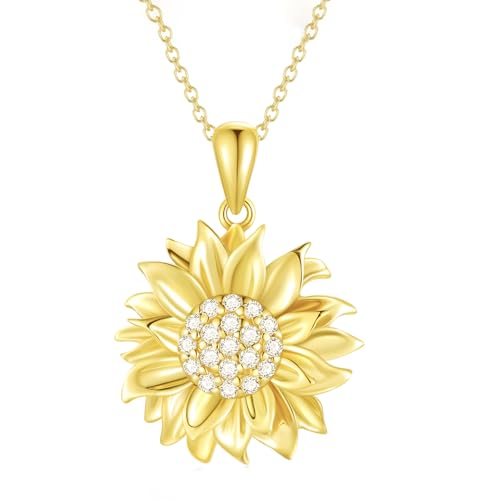 Diamond Sunflower Necklace for Women, 18K Gold Plated Sterling Silver You Are My Sunshine Sunflower Pendant Necklace Jewelry Anniversary Mother's Day Jewelry Gifts for Her, Mom, Wife