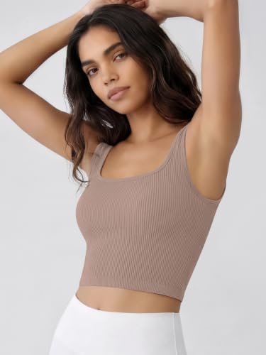 Image of ODODOS 3-Pack Seamless Square Neck Crop Tank for Women Ribbed Knit Soft Low Back Cropped Tops