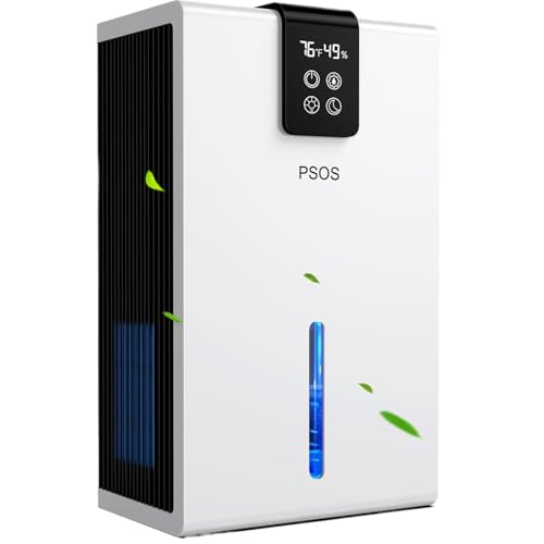 PSOS Dehumidifier for Home, 118 OZ Water Tank, (980 sq. ft), Dehumidifier for Basement Bedroom, Dehumidifiers for Room with 7 Colors LED Light, Auto Shut Off, Humidity Display(White)