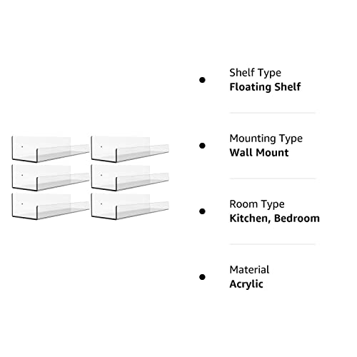 6 Pack Clear Acrylic Floating Wall Ledge Shelf,15" Wall Mounted Nursery Kids Bookshelf,Invisible Spice Rack,Nail Polish Rack And Vinyl Record Shelf,5Mm Thick Bathroom Storage Shelves Display #TOP7