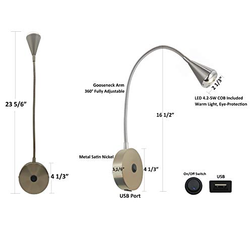 Homefocus Wall Sconces,Usb Led Bedside Reading Wall Lamp Light,Living Room Wall Lamp Light,Corridor Wall Lamp,Led 4.2-5Watt 3000K,Usb Charging Port,Hardwire Installation,Metal,Satin Nickel. #TOP3