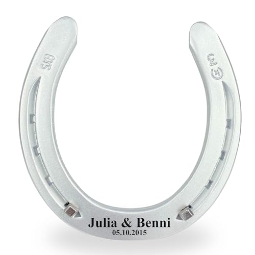 Dttra Hufeisen mit Wunschgravur aus schwerem Eisen, original Pferdehufeisen graviert, Silber lackiert, personalisiert Glückshufeisen für Hochzeit oder Einzug Geschenk