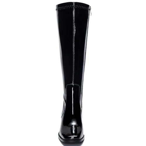 Image of Knee High Boots for Women - Wide Calf Boots with Zipper, Square Toe Tall Leather Boots, Chunky Heel Fashion Long Boots