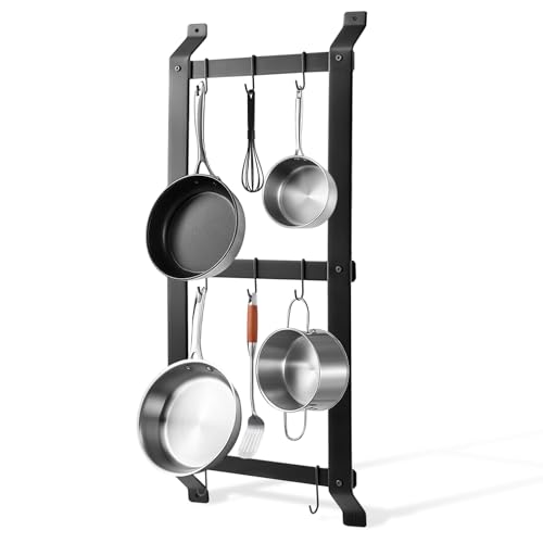 MorningRo 37” Pot and Pan Hanging Rack Wall Mounted, 3 Tier Iron Vertical Hanging Pan Organizer Shelf with 8 S Hooks Hanger for Kitchen Utensils, Space Saving Storage for Cookware