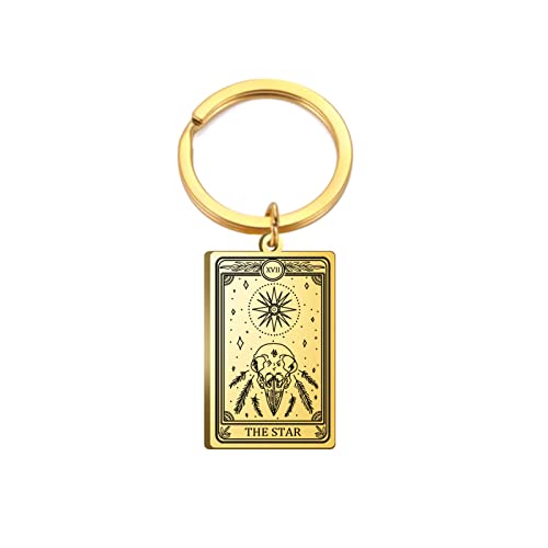 TEAMER Skeleton Tarot Cards Keychains Stainless Steel Amulet Marigold Tarot Card Major Arcana Keyring for Keys Cars Bags (Gold-THE STAR)