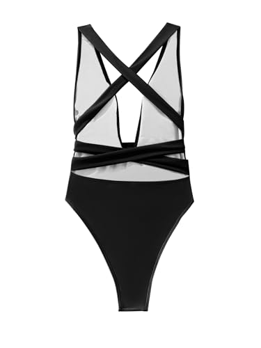 Image of Lilosy Sexy Tie Criss Cross Plunge One Piece Thong Swimsuit High Cut Brazilian Bathing Suit