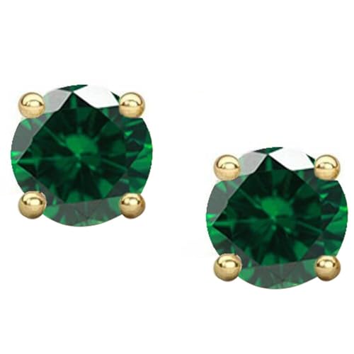 5mm Simulated Green Emerald Stud Earrings Round Cut Solitaire 14K Yellow Gold plated Silver