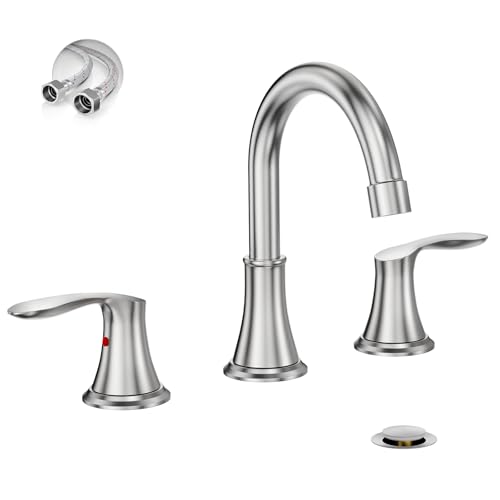 Phiestina Widespread 8 Inch 3 Holes Brushed Nickel Bathroom Faucet，Two Handles Stainless Steel Bathroom Sink Faucet with Metal Pop-Up Drain and Water Supply Lines, WFTY36-BN