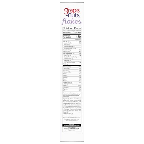Image of Grape Nuts Flakes Cereal, Low Fat, 18 oz Box | Crispy Whole Wheat and Barley Cereal, Great for Yogurts, Parfaits, and Homemade Snacks