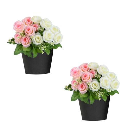 2Pcs Fleurs Artificielles Cimetiere avec Pot, Fleur Artificielle pour Tombe, Plantes Artificielle Cimetières,Roses en Soie Exterieur pour Pierres...