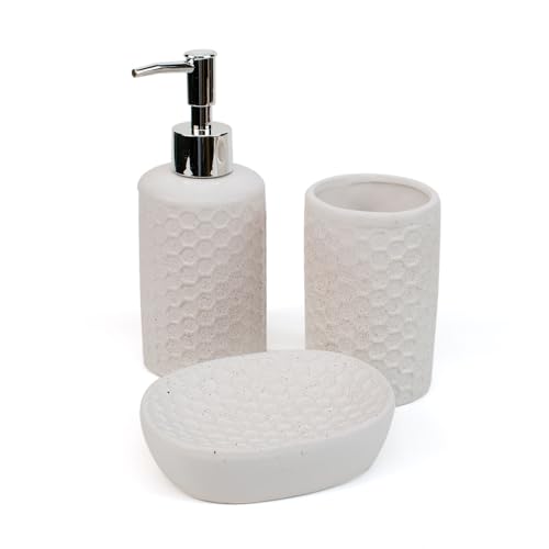 THE SECRET HOME - Set de Baño de 3 Piezas - Conjunto de Acessorios para Aseo de Diseño Moderno - Juego de Baño con Dispensador de Jabón, Vaso y Jabonera (Modelo 3 - Blanco)