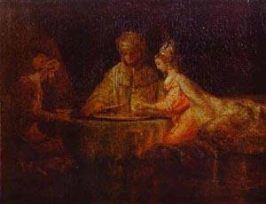 Tableau Rembrandt Assuerus Haman and Esther reproduction huile de prestige