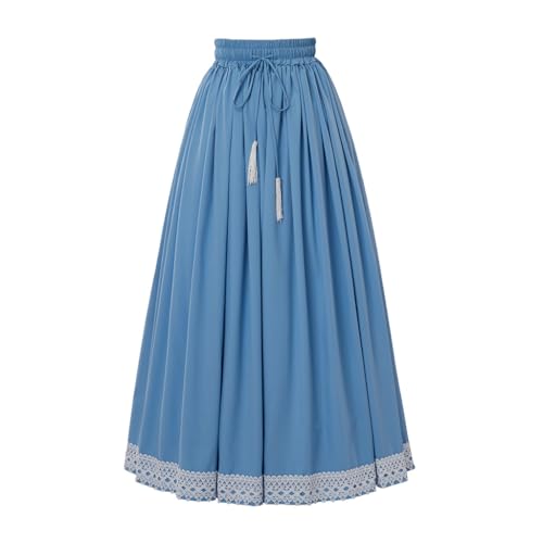 Women's Long Maxi Skirt with Lace Trim, Light Blue, Elastic Waist with Tassel Drawstring
