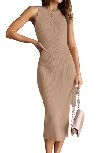 Image of HAEOF Women's Summer Bodycon Midi Sweater Dress 2026 Spring Casual Sleeveless Ribbed Knit Vacation Party Work Long Dresses