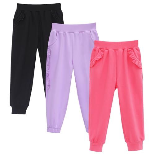 HILEELANG Toddler Girls' Jogger Pants 3-Pack Pull on Cotton French Terry Solid Ruffle Pocket SweatPants12M-7Y2
