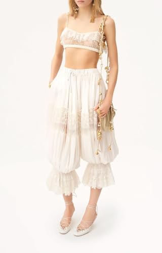 Image of UAURORAO Women Lace Trim Bloomer Pants Flowy Culottes Pantaloons Bloomers