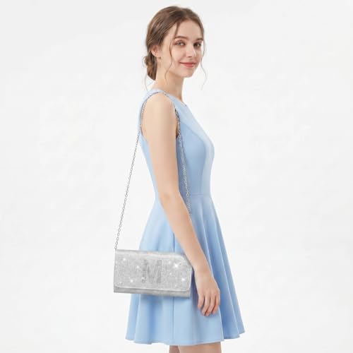 Image of Silver Clutch Purses for Women Personalized | Sparkly Evening Bag Formal Dressy, Crossbody Bag with Metal Chain, Stylish Clutch, Gift for Wedding, Prom, Cocktail Party