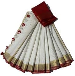Women's Linen Slub White Saree with Contrast Red Blouse Piece