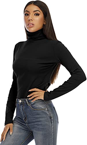 Image of RightPerson Women's Basic Long Sleeve Turtleneck T-Shirt Solid Slim Soft Cotton Tops