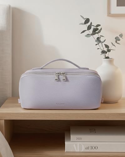 Image of EACHY Travel Makeup Bag, Lychee Large Capacity Cosmetic Bag for Women, Open Flat Toiletry Bag with TPU Brush Compartment, Waterproof Skincare Organizer Travel Essentials (AH-Misty Purple, Medium)