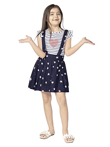 Naughty Ninos Girls Navy Blue Striped Printed Flared Dress for 3 to 12 Years