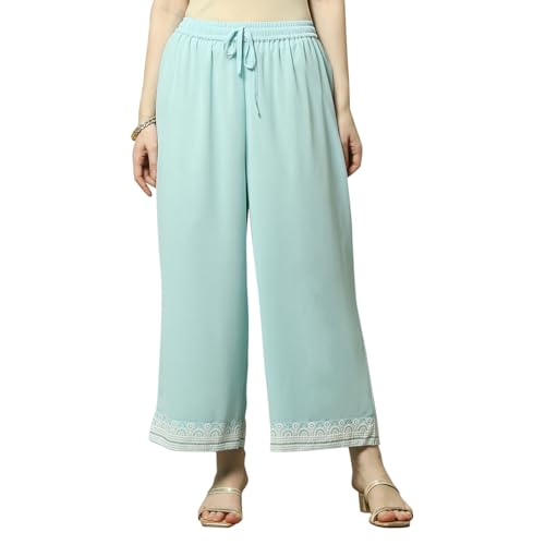 Image of Rangriti Blue Poly Georgette Solid Straight Fit Palazzo for Women
