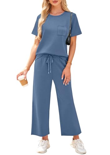 Image of WIHOLL 2 Piece Sets for Women Casual Summer Travel Vacation Outfits Short Sleeve Wide Leg Crop Pants Lounge Sets
