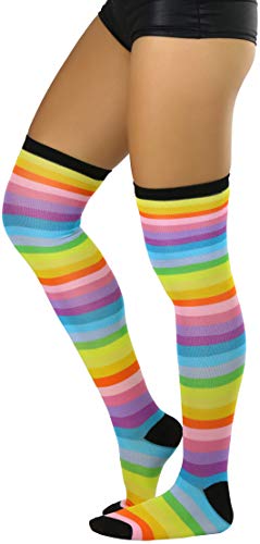 Image of ToBeInStyle Women's Bright Vibrant Rainbow Striped Thigh High Rave Stockings