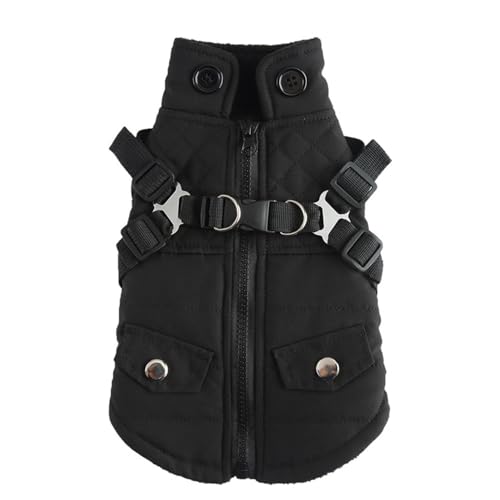 AttRex ペット服 ハーネス付き ベスト 冬用 犬服 コート ジャケット ダウン 裏ボア 厚い ドッグウェア 背中開き パーカー 防風 防水 防寒 保温 小中型犬 綿服アウター 着脱簡単 お出かけお散歩用 (XL,ブラック)