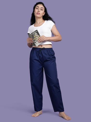 Image of KRYPTIC Women's 100% Pure Cotton Woven Pyjama | Mid Rise Relaxed Fit Full Length Nightwear Pant with Elasticated Drawstring Waistband & Side Pocket | Comfortable Lounge, Sleepwear & Casual Bottom Wear