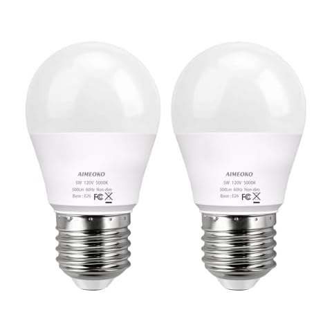 AIMEOKO A15 LED Bulb G45 Refrigerator Light Bulb E26 Base 5W (40W Equivalent) 120V 600Lm Daylight White 5000K Freezer Home Lighting Lamp Waterproof Non-dimmable (2 Pack) Cover