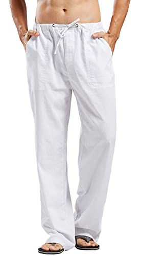 Men's Summer Casual Loose Fit Straight-Legs Stretchy Waist Linen Beach Pants