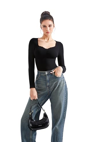 SUUKSESS Women Sweetheart V Neck Long Sleeve Tops Lace Trim Ribbed Modal Fall Going Out Shirts4