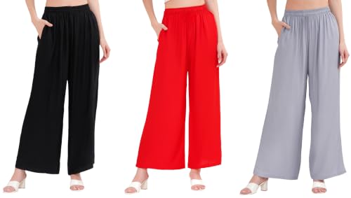 Image of Buy That Trendz Palazzo Pants for Women Rayon Elasticated Regular Fit Flared Wide Leg M to 6XL Pack of 3