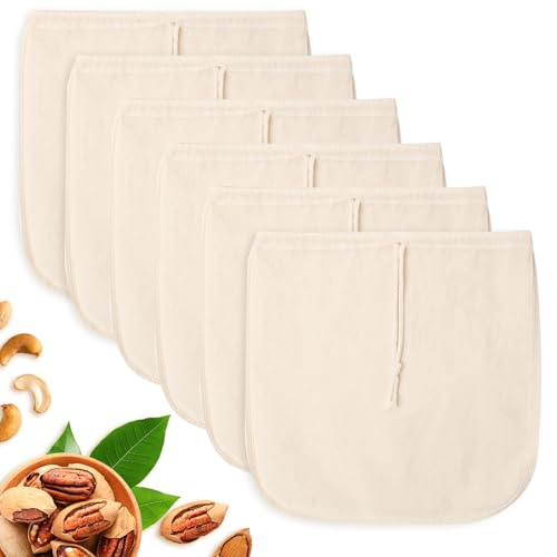 6 Stück Nussmilchbeutel, Natürliche Hanf Filterbeutel Nussmilchbeutel Bio Waschbar 30 x 30cm, Passiertuch Wiederverwendbar mit Kordelzug für Nussmilch/Hausgemachten Käse/Obstsaft/Kaffee - Quadrat