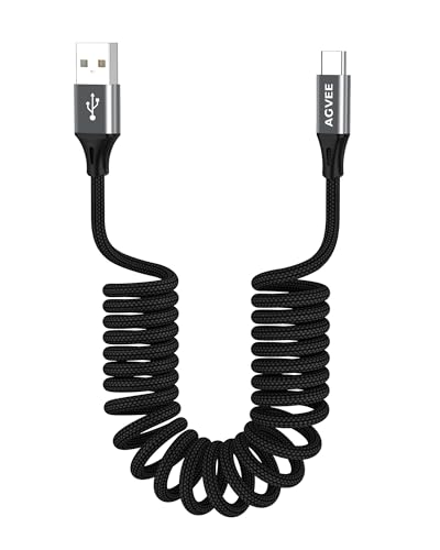 AGVEE 3ft Coiled Short USB to USB-C Charging Cable [USB-IF Certified] 3A Fast Charger Cord in Car for iPhone 17/16/15 CarPlay, Galaxy S25 S24 S23 S22 S21 S10 S9 S8, Google Pixel, Dark Gray