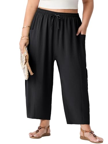 OLRIK Plus Size Pants for Women High Waisted Wide Leg Cropped Boho Pants with Drawstring & Pockets Lightweight Flowy Summer Vacation 2026 Black-2X