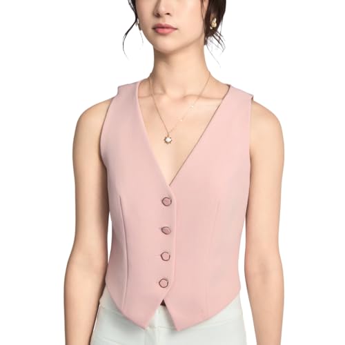 SANDY & SID Womens Sleeveless Vests Pink Button V Neck Slim Fit Trendy Basic Waistcoats Casual Office Business Summer