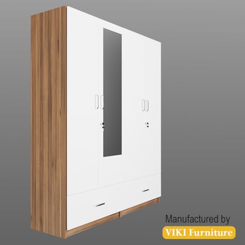 Image of VIKI Wardrobe |Wooden Almirah for 4 Door Wardrobe with 2 Split Drawer & Hanging Space with Mirror (Walnut |White - 40D x 160W x 180.8H) | 1 Year Warranty | Free Assembly