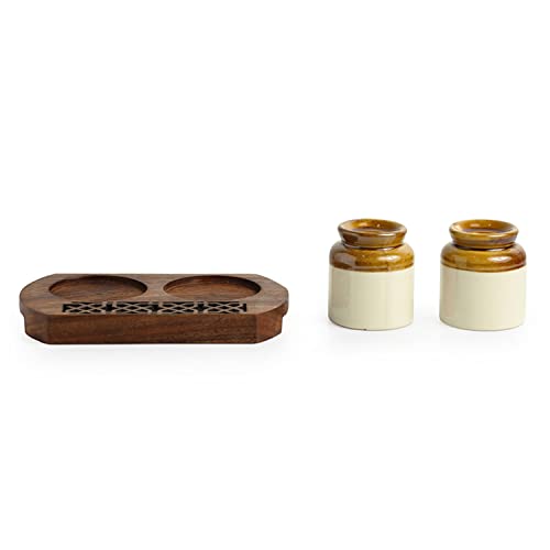 Image of ExclusiveLane 'Royal' Ceramic Salt Pepper Set for Dining Table with Wooden Tray (80 ML, Brown & Cream) | Salt and Pepper Container for Dinning Table Salt and Pepper Dispenser Salt and Pepper Shaker