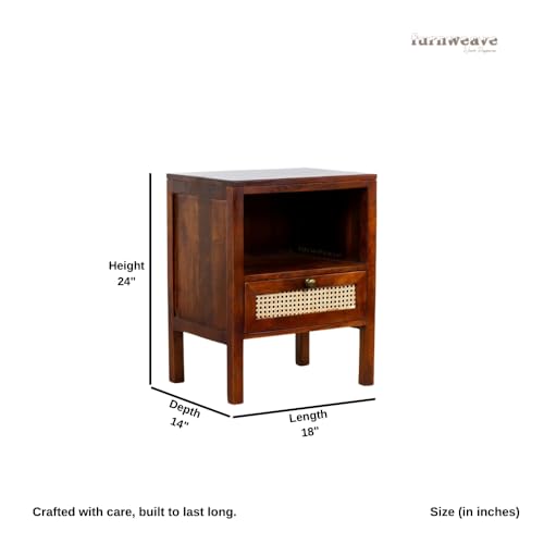 Image of Wooden Bedside Table for Bedroom with Drawers | Solid Wood Safor Rattan Bed Side Table with Drawers | Side Table for Living Room | Traditional Rajasthani Art Chest of Drawer for Home (Teak)