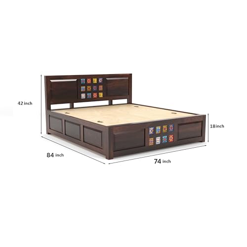 Image of Sheesham Wood King Size Bed with Storage Box | Wooden Box Bed King Size Double Cot Bed with Storage for Bedroom | Premium Tile Dalla Design Headboard Bed for Hotel, Home | Walnut Finish